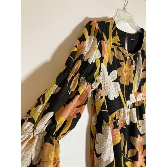 Who What Wear Dress Womens XL Black Floral Puff Sleeve Tiered Mini Pockets Boho - Picture 3 of 14